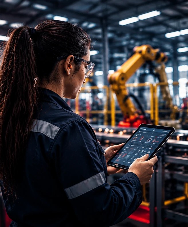 Técnica de manutenção analisando um equipamento da planta industrial