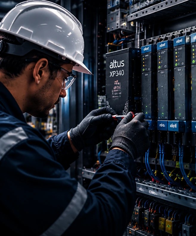 Técnico de manutenção inspecionando o CLP Altus XP340 no painel elétrico
