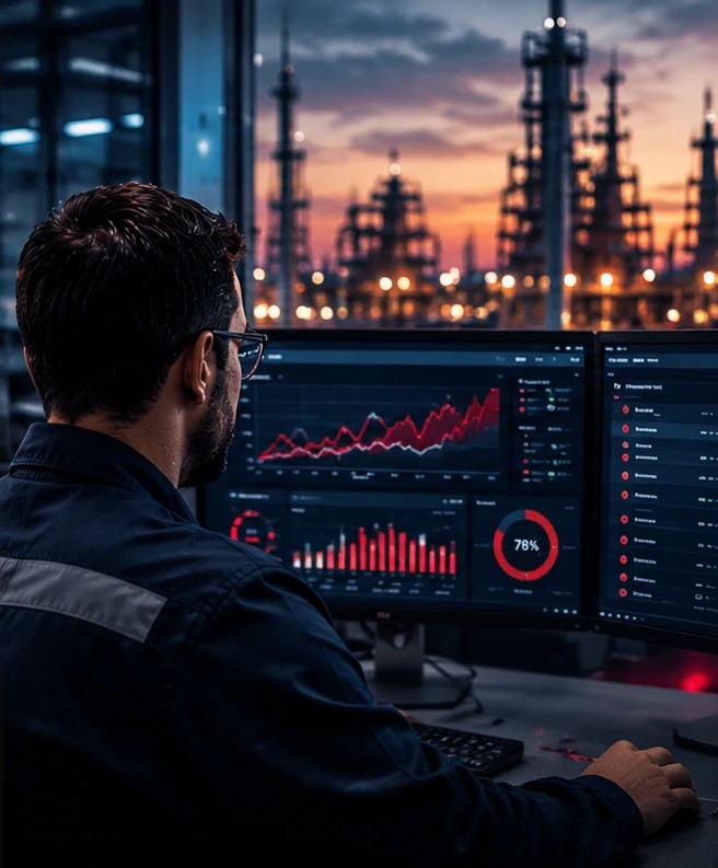 Engenheiro acompanhando os indicadores da planta industrial